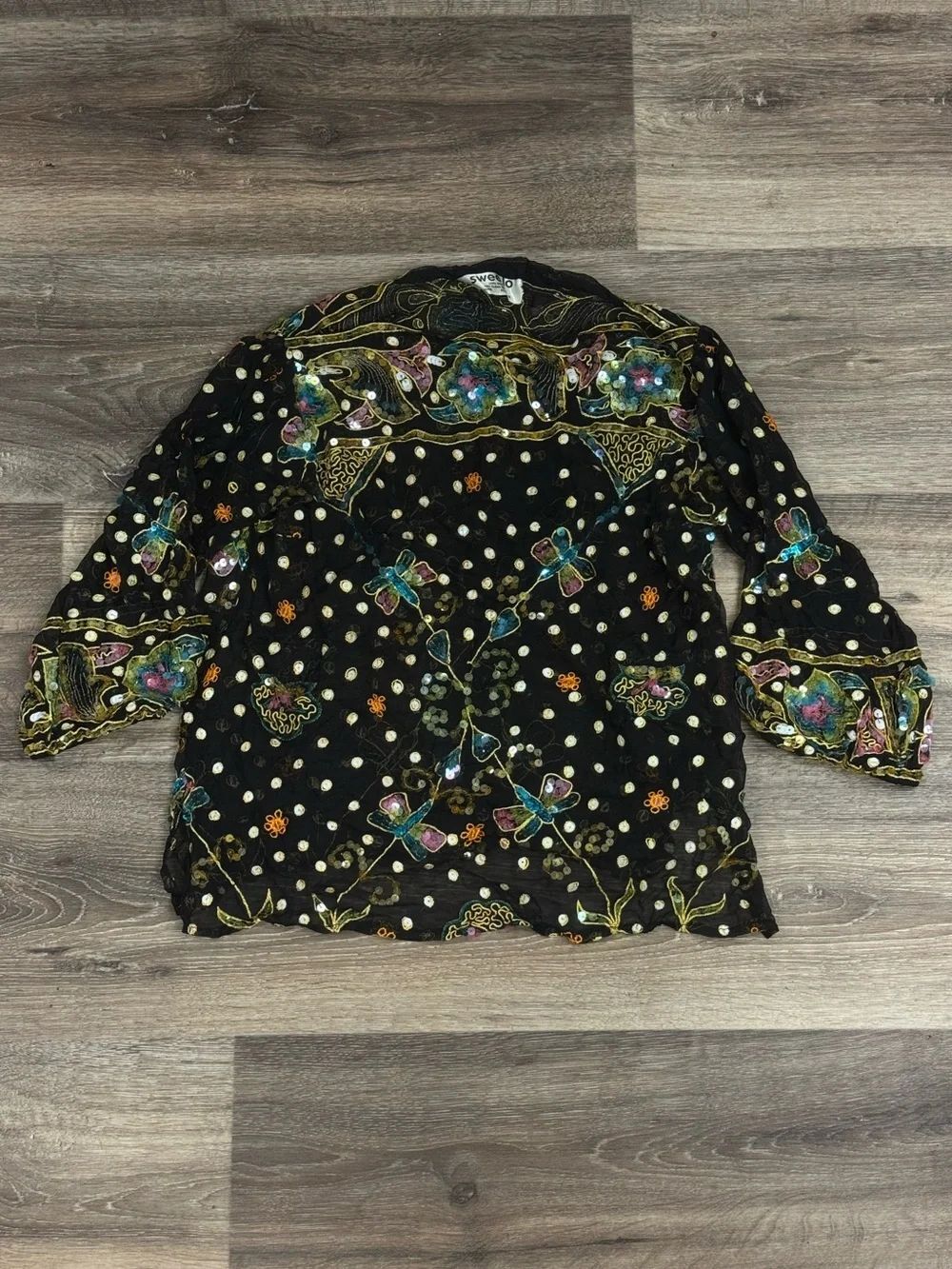 Swee Lo Semi Sheer Silk Vintage Sequin Dragonfly Top Women’s Small